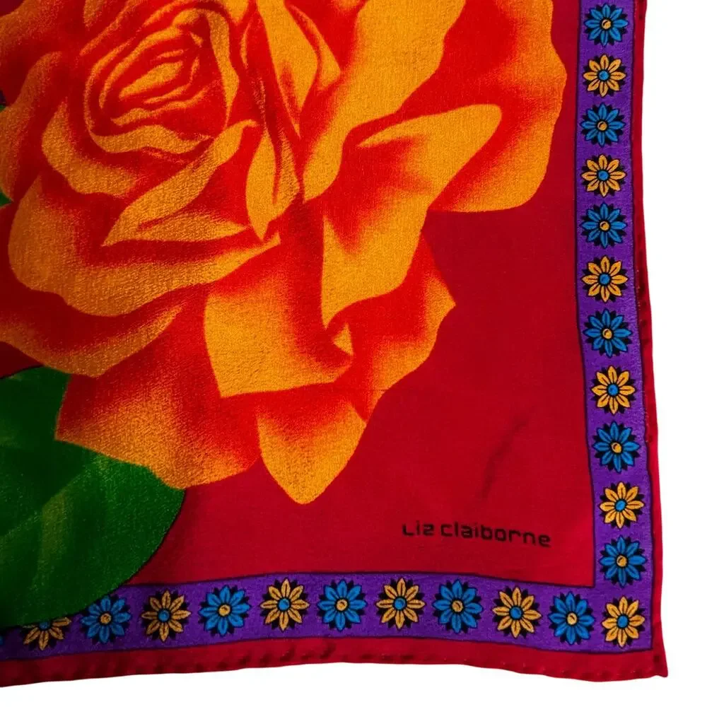 Vintage Liz Claiborne silk scarf bold floral print in gem tones red orange blue